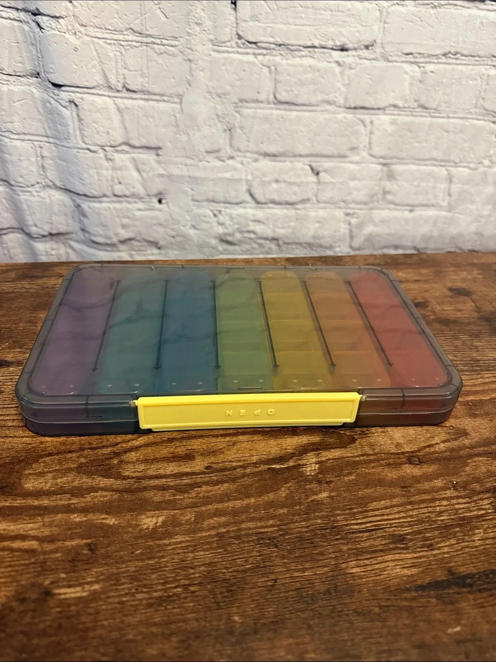 Rainbow Weekly Pill Organizer with Yellow Latch
